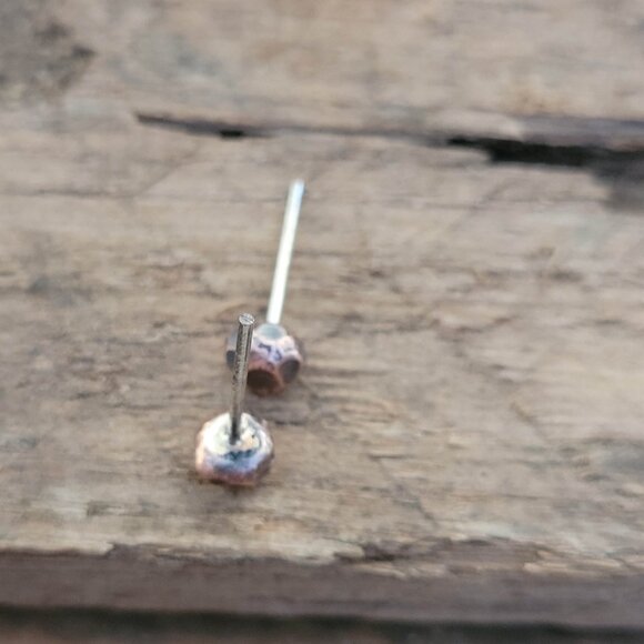 Chunky Copper Stud Earrings, Faceted, Metalwork Jewelry, Handcrafted, Rustic - Picture 5 of 8